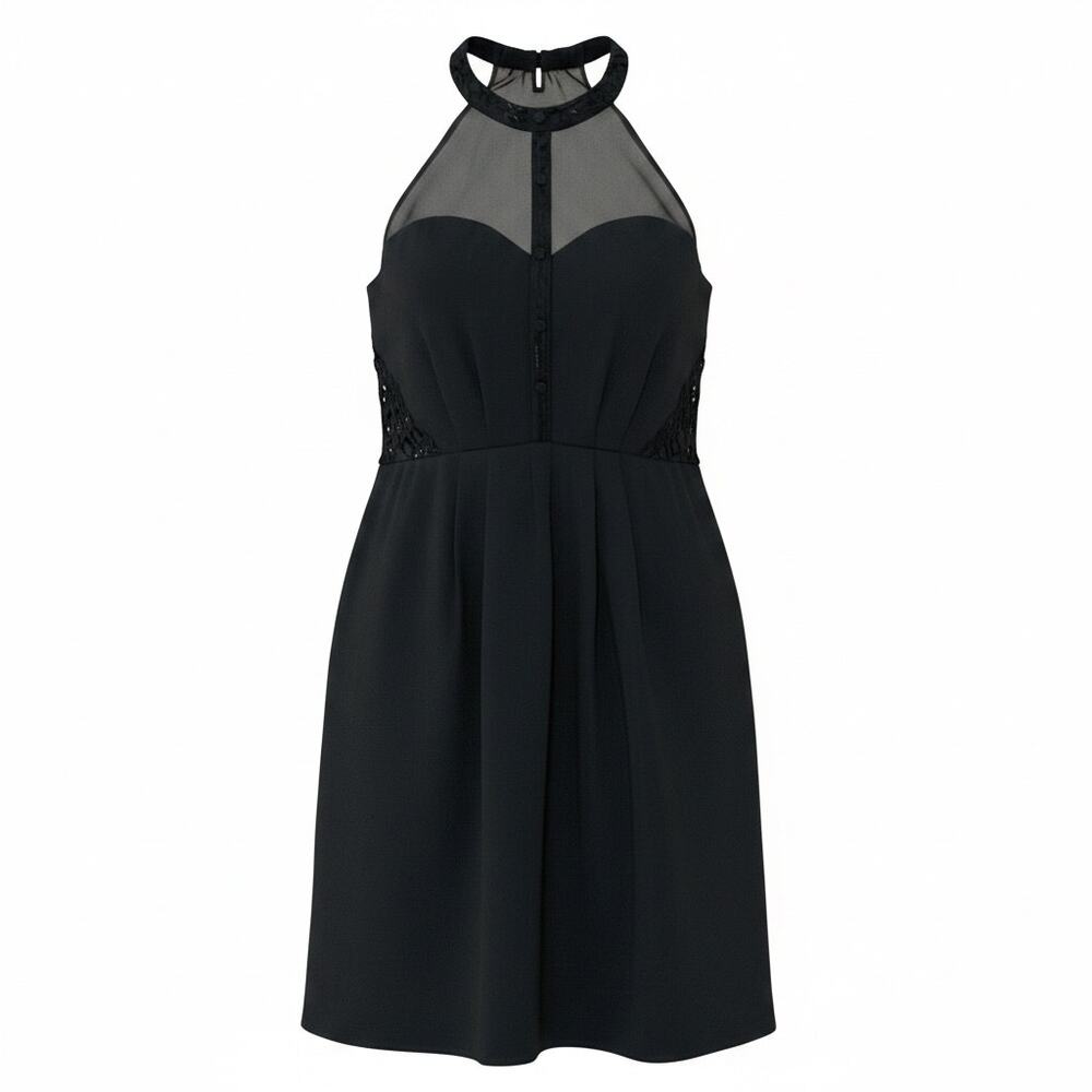 Greylin Black Halter Cocktail Dress | Mesh Yoke | Lace Waist | NWT | Size M